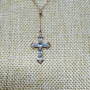 Vintage 925 Sterling Silver Vermeil Blue Topaz Cross Pendant Necklace